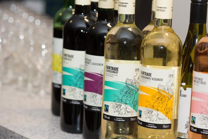 A variety of Fairtrade wine bottles on a table